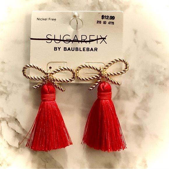 NWT SUGARFIX BY BAUBLEBAR Red Tassel Earrings with Gold Bows - Picture 4 of 4